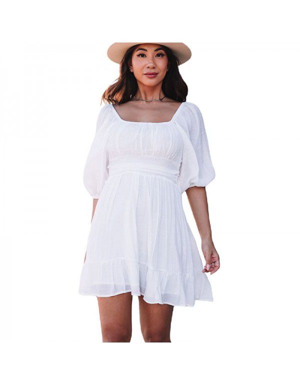 Dress Women's New Summer Off Shoulder Solid Color Lacing Ruffle Sleeve Casual Dress Women