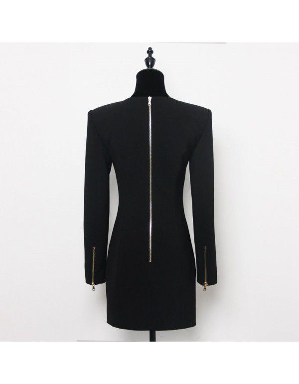 Spring and Autumn New Fashion Solid Color Square Neck Single breasted Long Sleeve Zipper Short Women's Dress