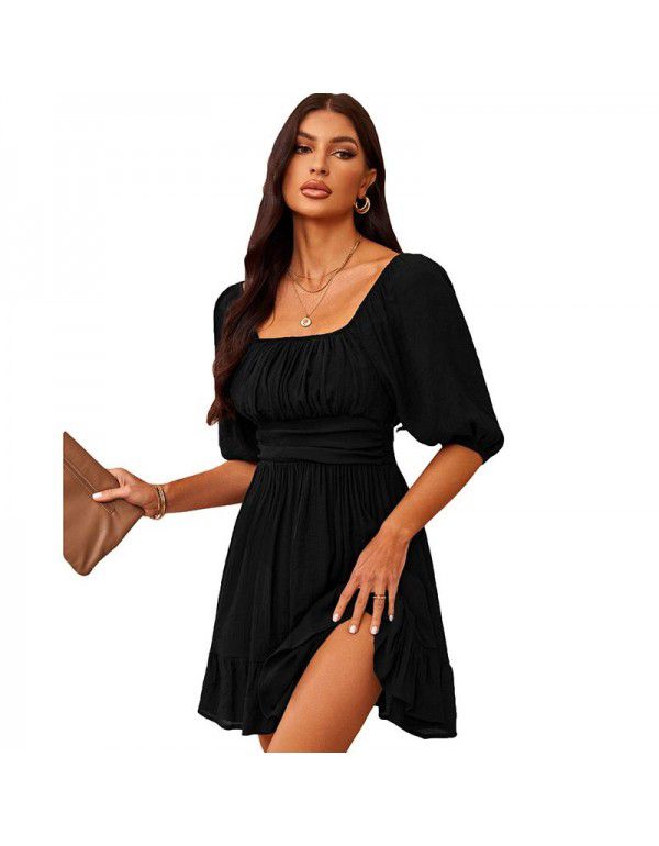 Dress Women's New Summer Off Shoulder Solid Color Lacing Ruffle Sleeve Casual Dress Women