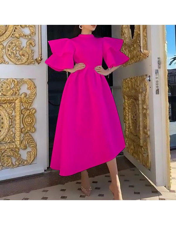 Women's New Ruffle Sleeve Solid Color Large Swing European and American Dress Dress 