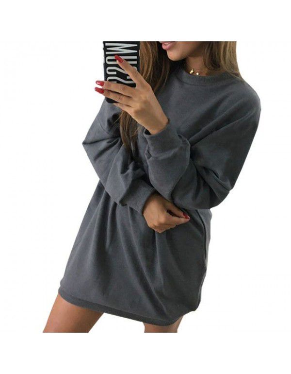European and American winter new casual round-neck solid color medium length sweater dress for women 