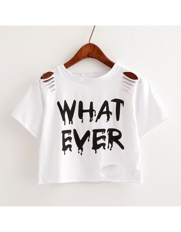 New summer women's wear European and American style short round neck cover with holes in the head, letter printing short sleeve T-shirt for women 
