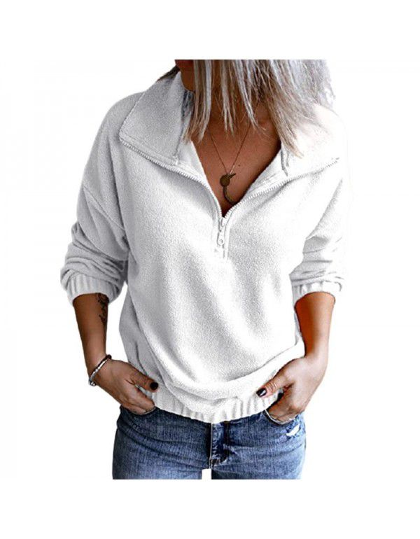 Solid color fleece stand neck zippered sweater Women's hem Rubber band casual long sleeve top Women