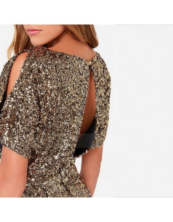 European and American gold sequin slimming show thin shoulder bag buttock dress sexy nightclub open back dress short skirt 