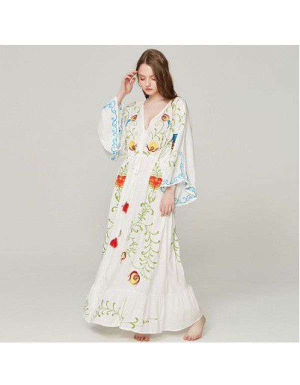 European and American autumn new flower embroidery V-neck large flare sleeve dress dress dress dress 