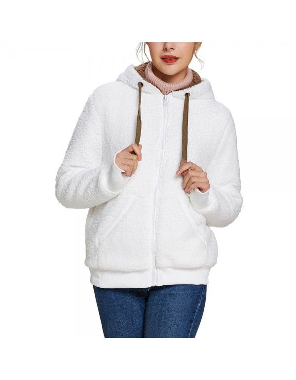 Autumn and Winter Hooded Plush Cardigan Long Sleeve Sweater Women's Jacket Loose Coat