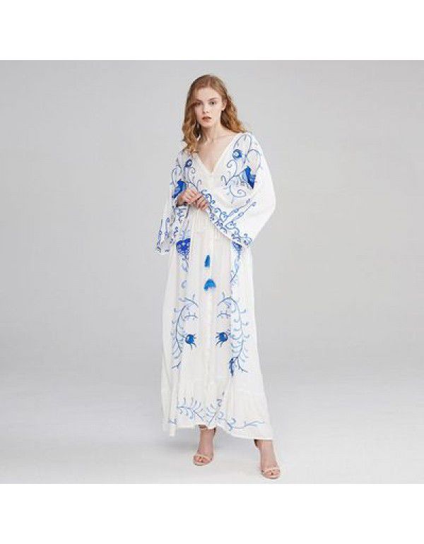European and American autumn new flower embroidery V-neck large flare sleeve dress dress dress dress 