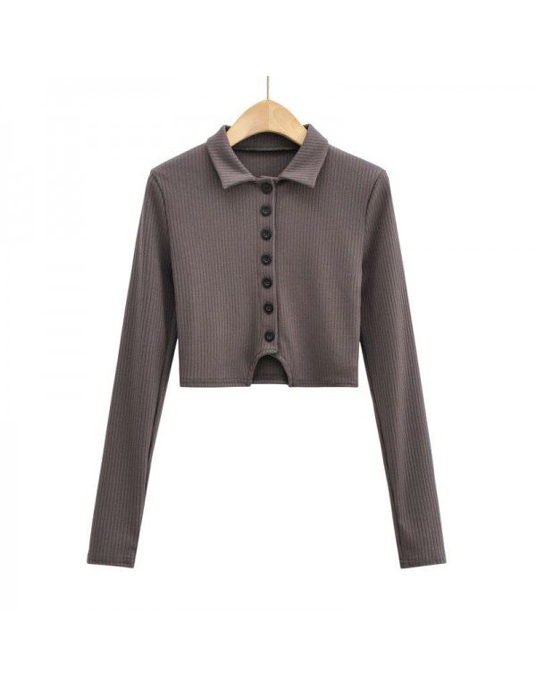 Polo polo collar long-sleeved blouse women's new style pure hot girl slim fit single breasted high waist exposed navel short t-shirt 