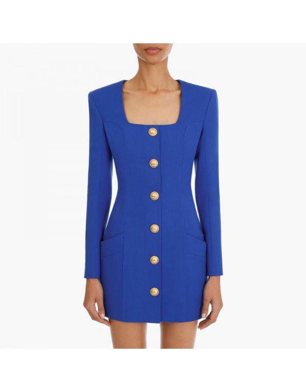 Spring and Autumn New Fashion Solid Color Square Neck Single breasted Long Sleeve Zipper Short Women's Dress