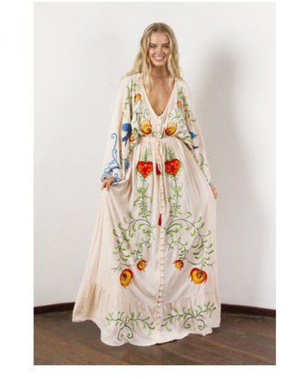 European and American autumn new flower embroidery V-neck large flare sleeve dress dress dress dress 