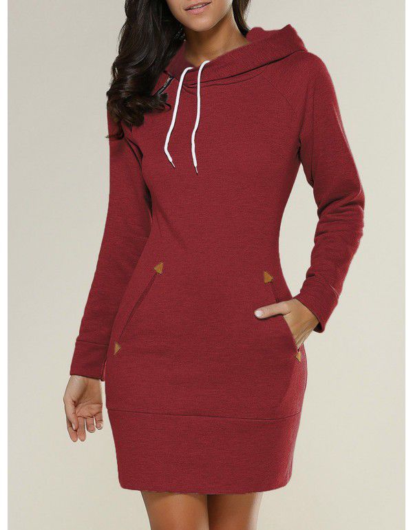 European and American hooded high neck long sleeve sweater dress