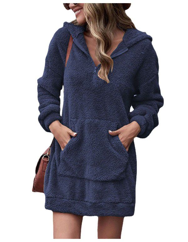 Autumn and Winter Women's Double Face Fleece Hoodie Loose Zip Plush Pocket Sweater Jacket
