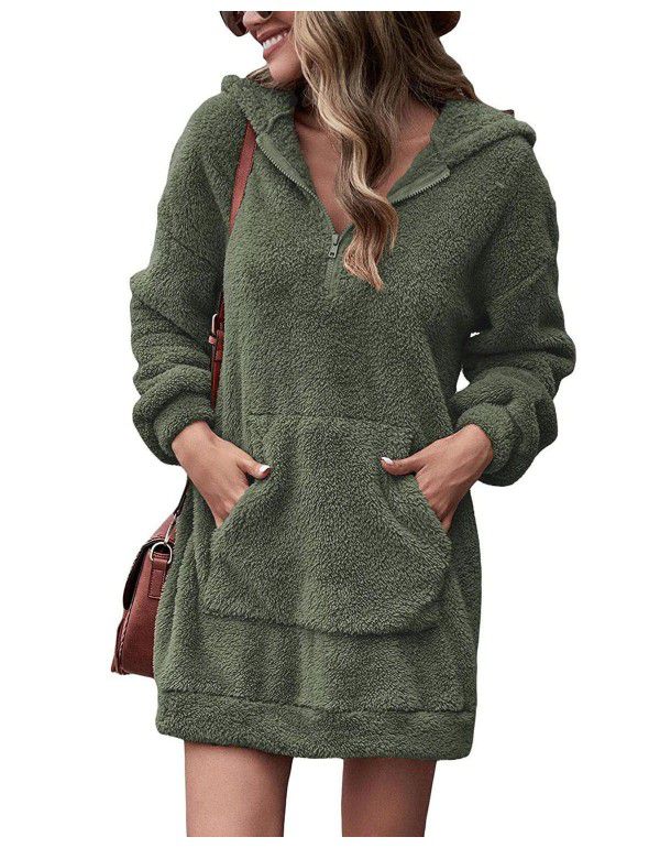 Autumn and Winter Women's Double Face Fleece Hoodie Loose Zip Plush Pocket Sweater Jacket
