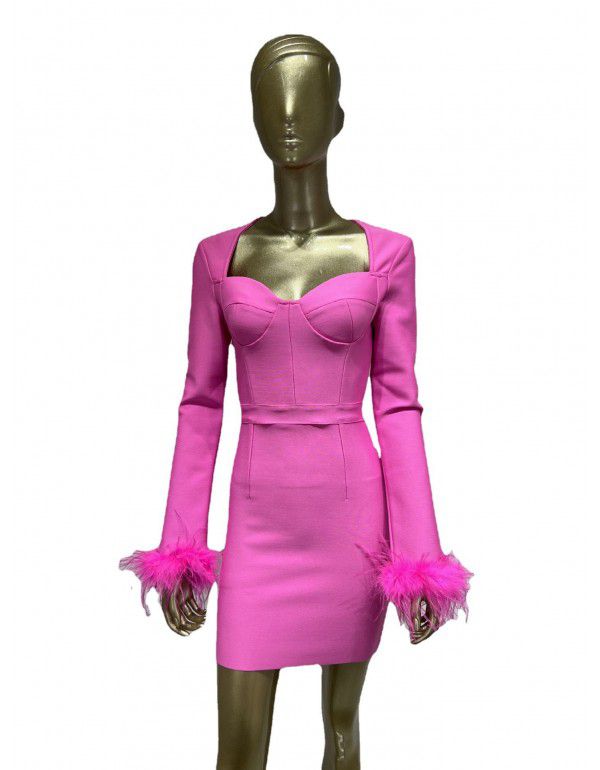 Autumn and Winter New Long Sleeve Feather Cuff Bandage Dress European and American Fashion Elegant Dress Party Dress Dress