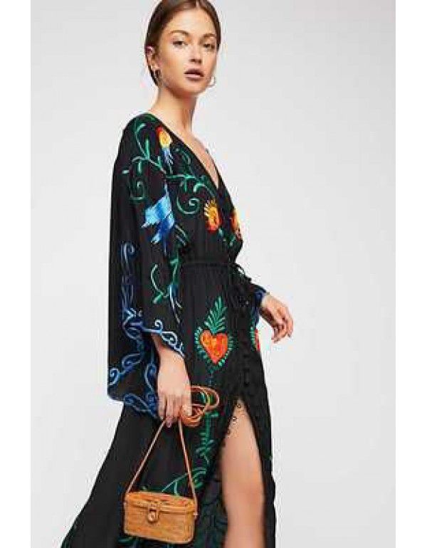 European and American autumn new flower embroidery V-neck large flare sleeve dress dress dress dress 