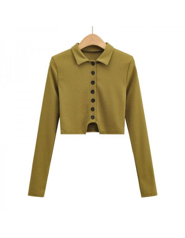 Polo polo collar long-sleeved blouse women's new style pure hot girl slim fit single breasted high waist exposed navel short t-shirt 