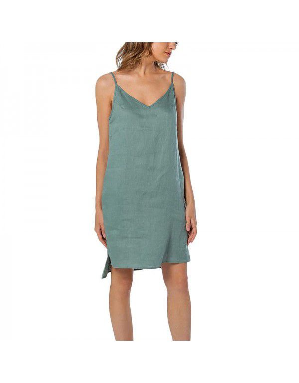 Pure linen suspender skirt European and American style women's casual home vest dress can be worn externally