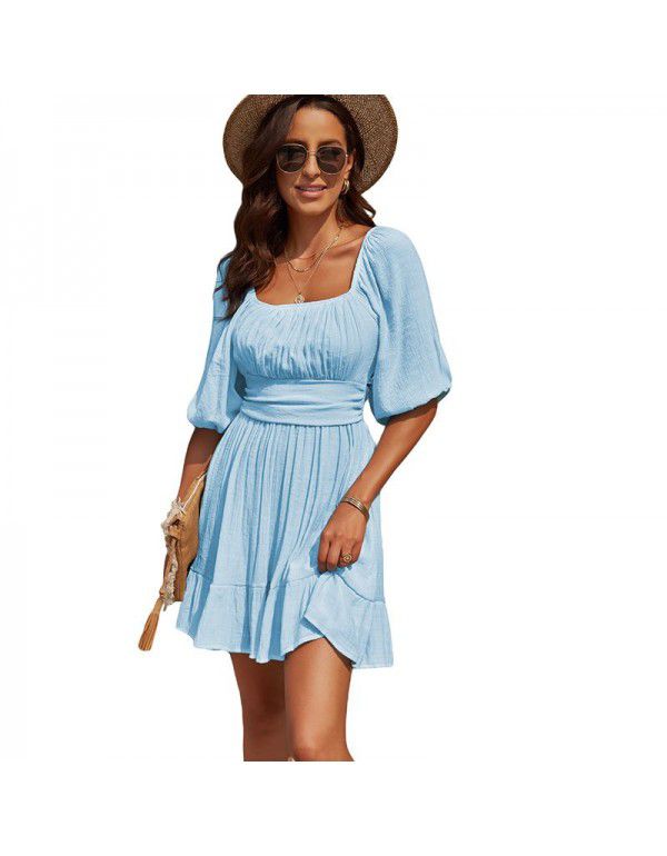 Dress Women's New Summer Off Shoulder Solid Color Lacing Ruffle Sleeve Casual Dress Women