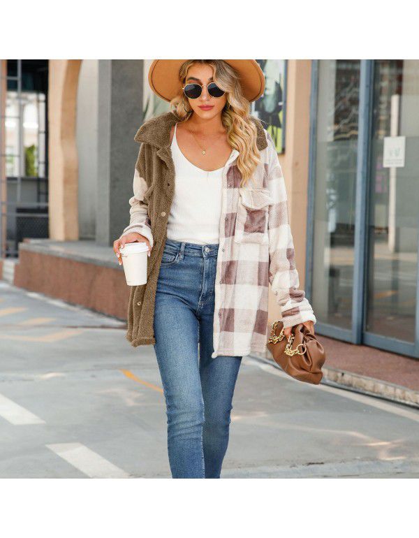 Flashy European and American autumn women's coat plush coat lapel long-sleeved double-sided flannel plaid sweater 