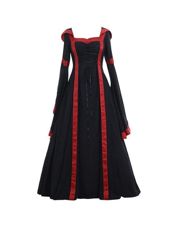 European and American women's medieval vintage dress, square neck tie up waist, flared sleeve Halloween costume