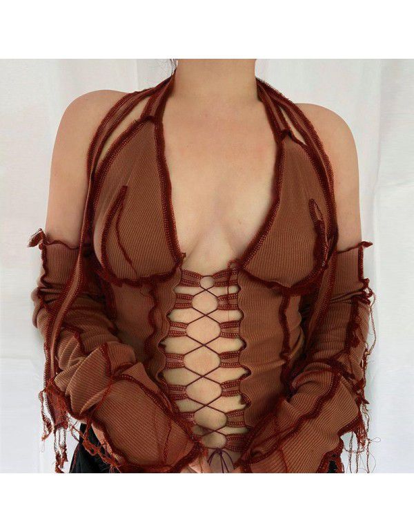 Spring/Summer New Reversed Side Chest Lace Up Neck...