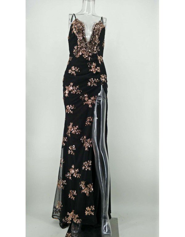 US new sequin suspender sexy backless dress with deep V-neck split floor dress 