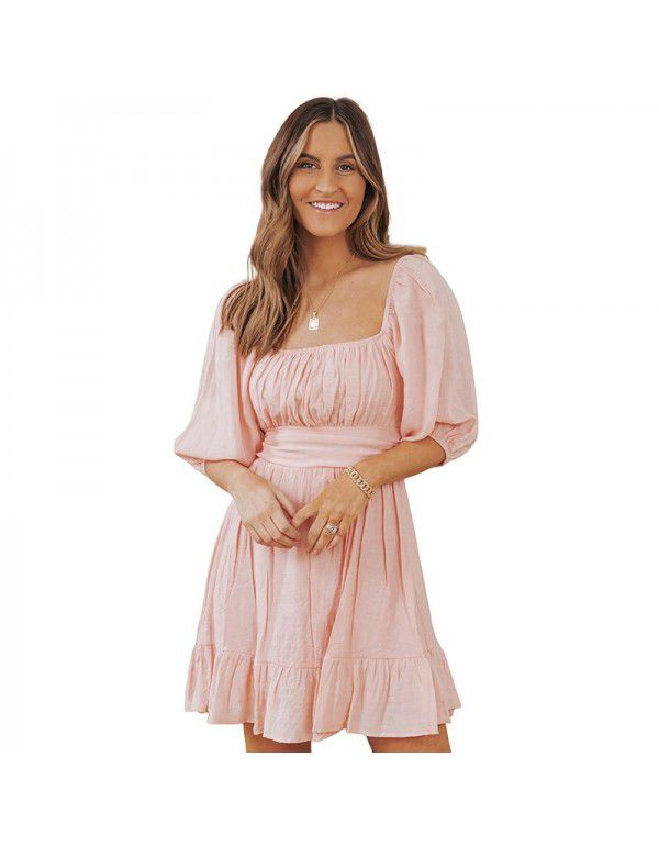 Dress Women's New Summer Off Shoulder Solid Color Lacing Ruffle Sleeve Casual Dress Women