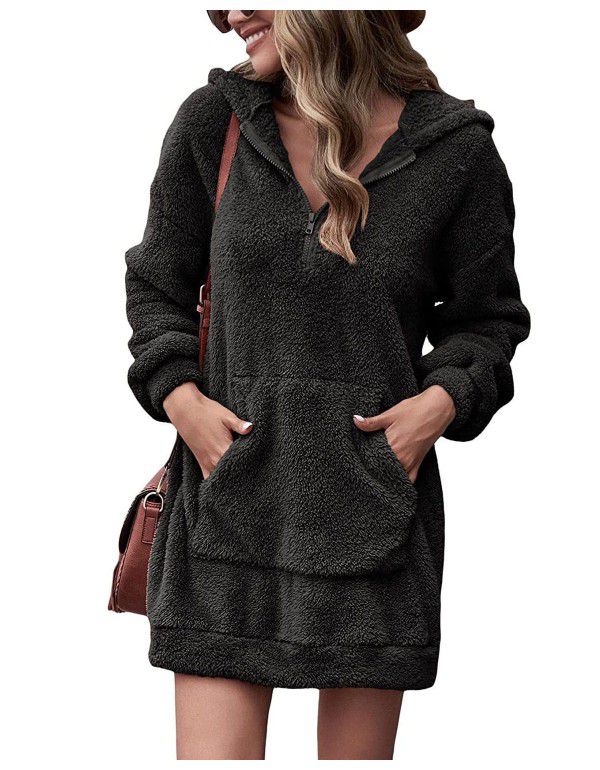 Autumn and Winter Women's Double Face Fleece Hoodie Loose Zip Plush Pocket Sweater Jacket