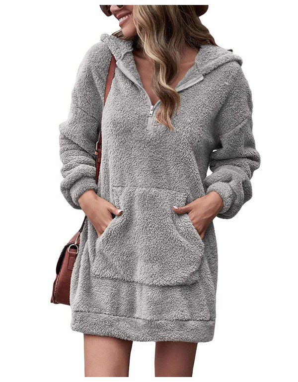 Autumn and Winter Women's Double Face Fleece Hoodie Loose Zip Plush Pocket Sweater Jacket