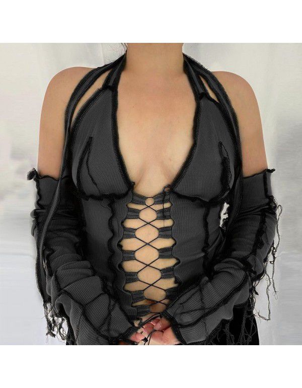 Spring/Summer New Reversed Side Chest Lace Up Neck Strap Independent Long Sleeve T-Shirt