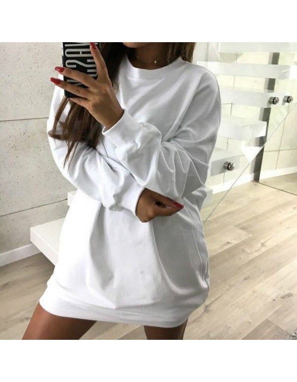 European and American winter new casual round-neck solid color medium length sweater dress for women 
