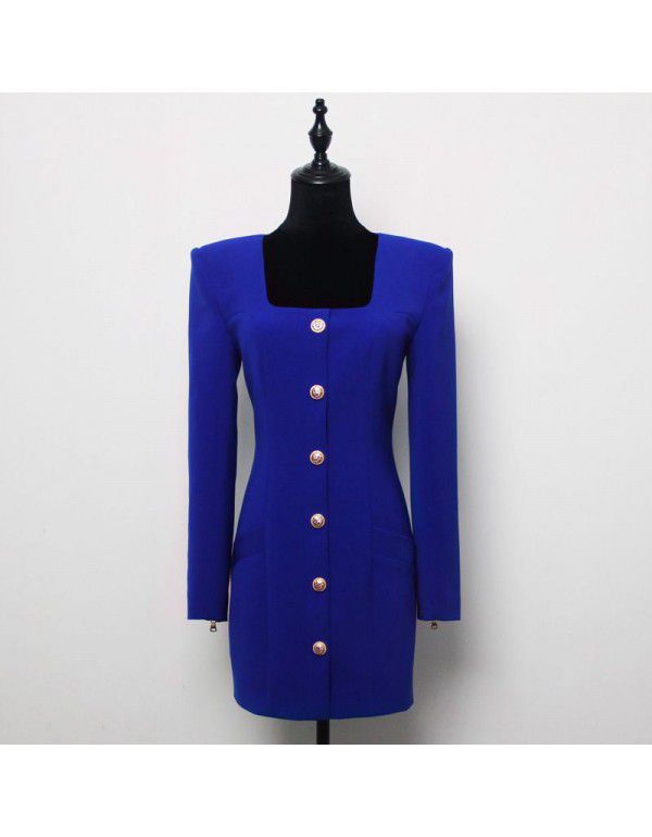 Spring and Autumn New Fashion Solid Color Square Neck Single breasted Long Sleeve Zipper Short Women's Dress