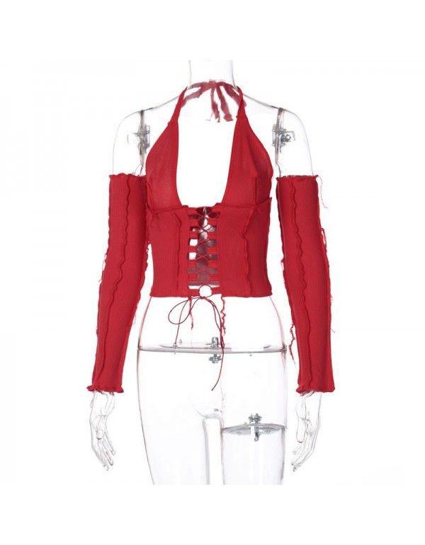 Spring/Summer New Reversed Side Chest Lace Up Neck Strap Independent Long Sleeve T-Shirt