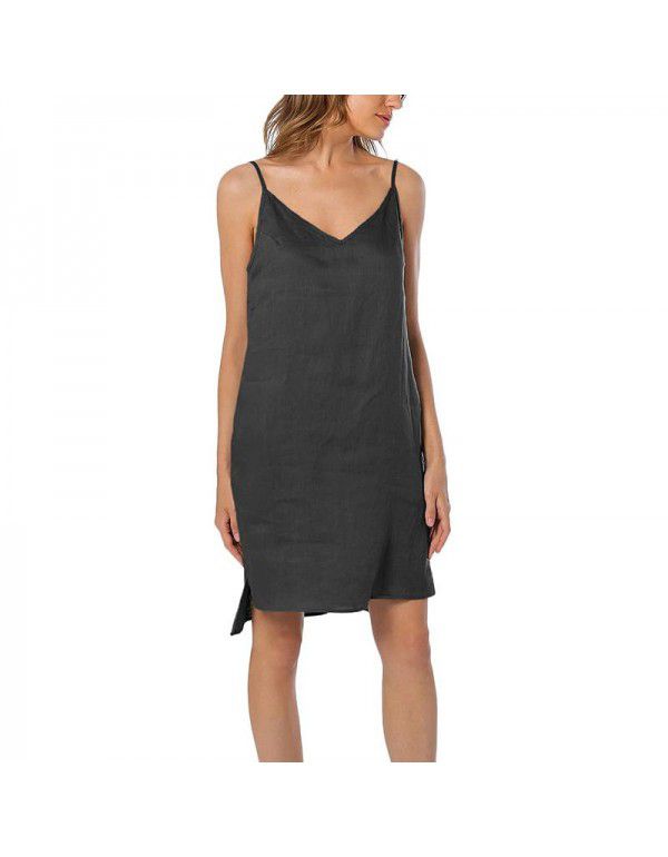 Pure linen suspender skirt European and American style women's casual home vest dress can be worn externally