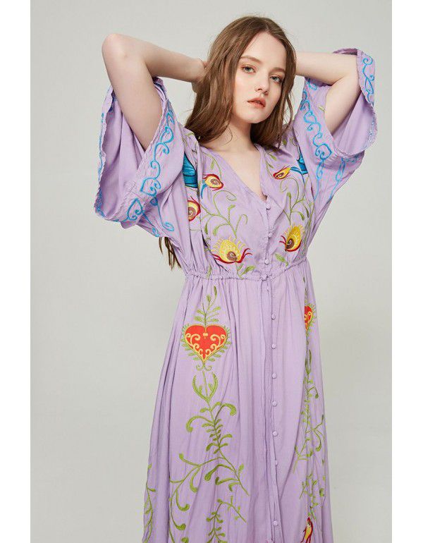European and American autumn new flower embroidery V-neck large flare sleeve dress dress dress dress 