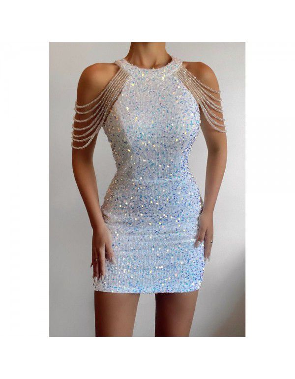 Sequin Short Dress Dress Women's Fashion Popular Round Neck Sexy Slim Fit Tassel Dress