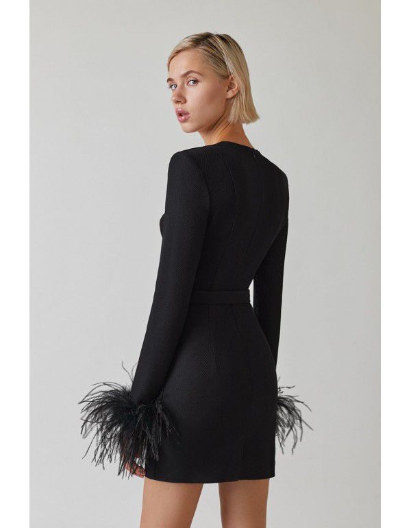 Autumn and Winter New Long Sleeve Feather Cuff Bandage Dress European and American Fashion Elegant Dress Party Dress Dress