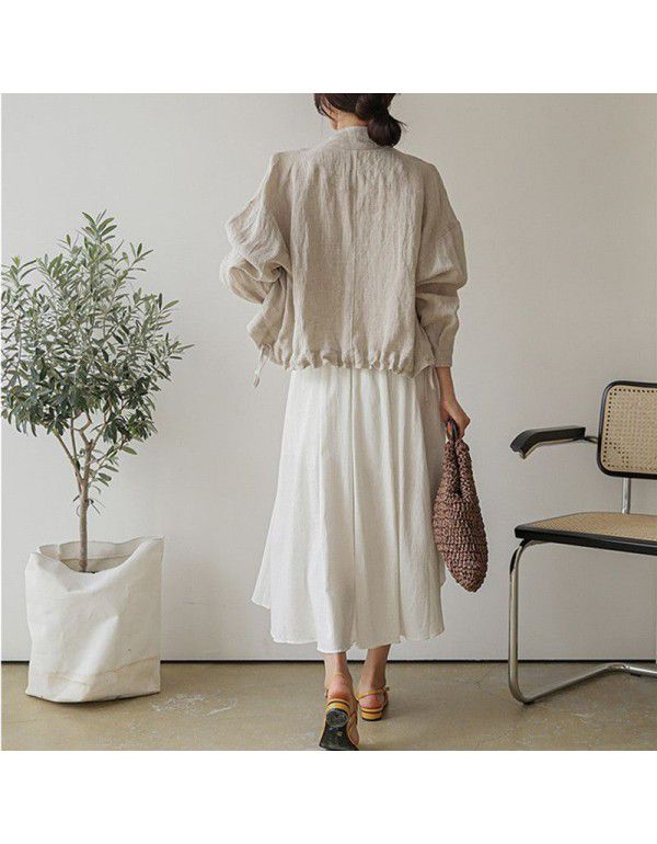 Workwear Style Stand Collar Large Pocket Loose Jacket Top Spring and Autumn Korean Casual Cotton Hemp Coat Jacket Women