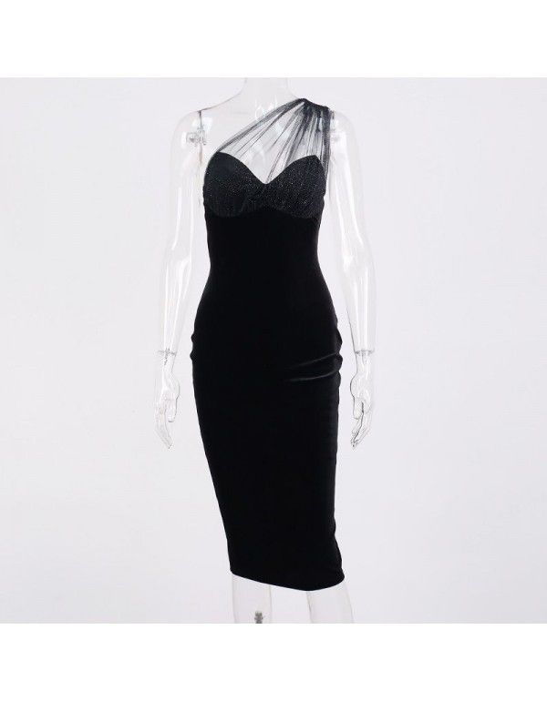 European and American spring and summer new women's sexy one-shoulder perspective bright silk patchwork dress 