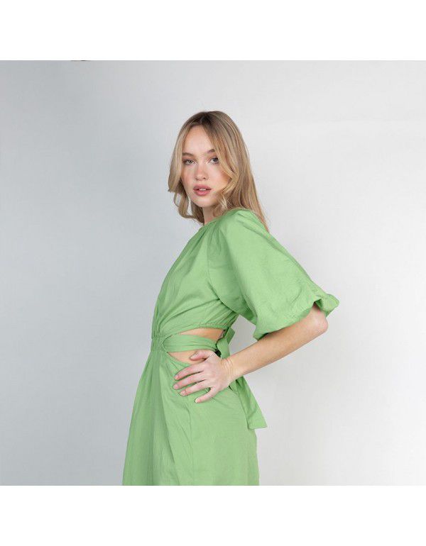 Summer New Lace Cut Out Design Short Sleeve Bubble Sleeve Round Neck Pleated Women's Long Dress Summer