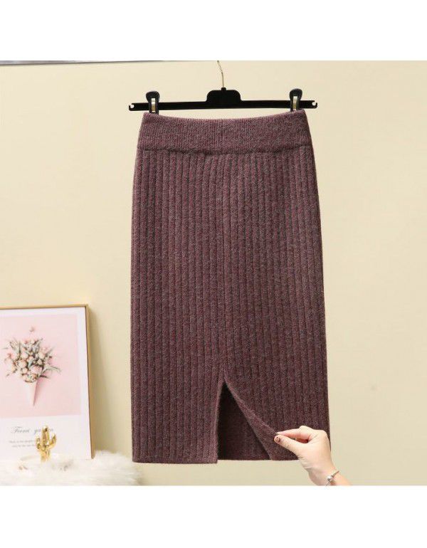 Thickened Split Knitted Halfskirt Wrapped Hip One Step Dress Women's Mid Length Autumn Winter New Long Dress Woolen Skirt 