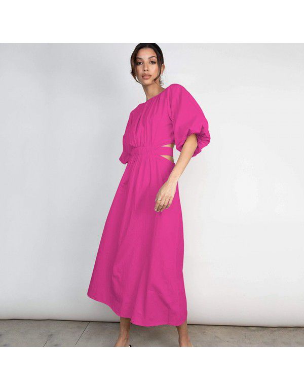 Summer New Lace Cut Out Design Short Sleeve Bubble Sleeve Round Neck Pleated Women's Long Dress Summer