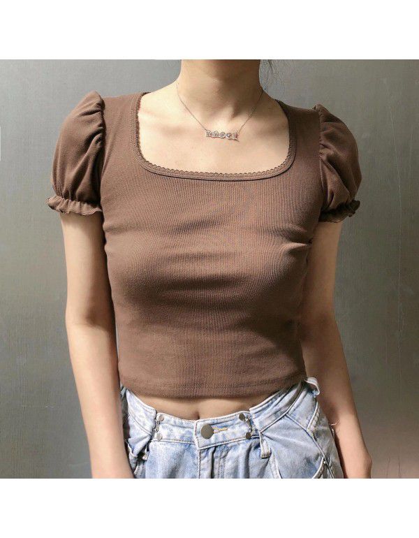 Small crowd design auricle edge bubble sleeve square collar exposed collarbone short sleeve T-shirt female 