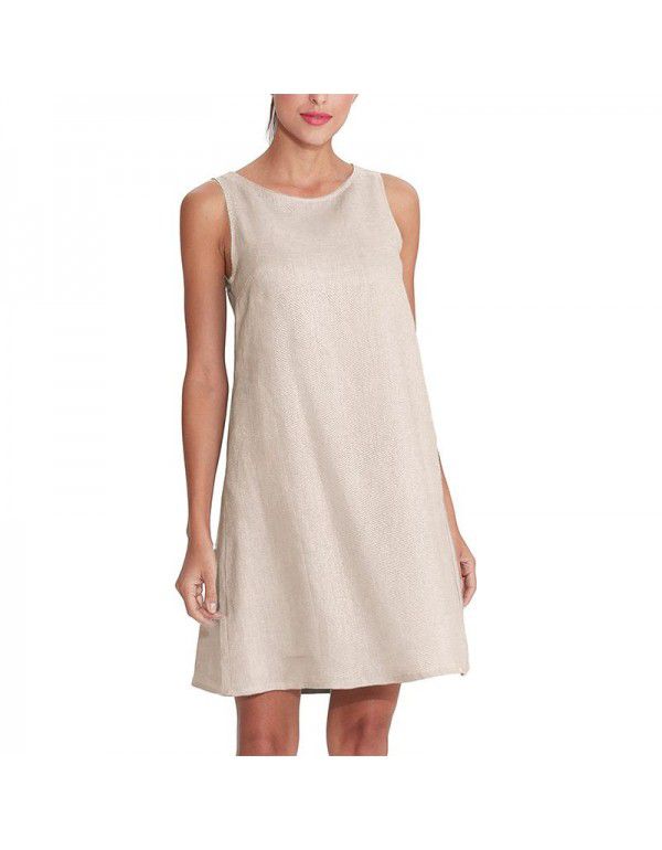 Women's linen cotton vest skirt Klein blue sleeveless cotton linen dress