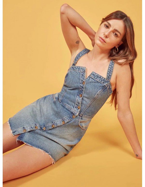 Spring/Summer Wrapped Chest Diagonal Button Denim Skirt Slim Fit Slim Slim Slim Slim Strap Dress Trendy Denim Skirt