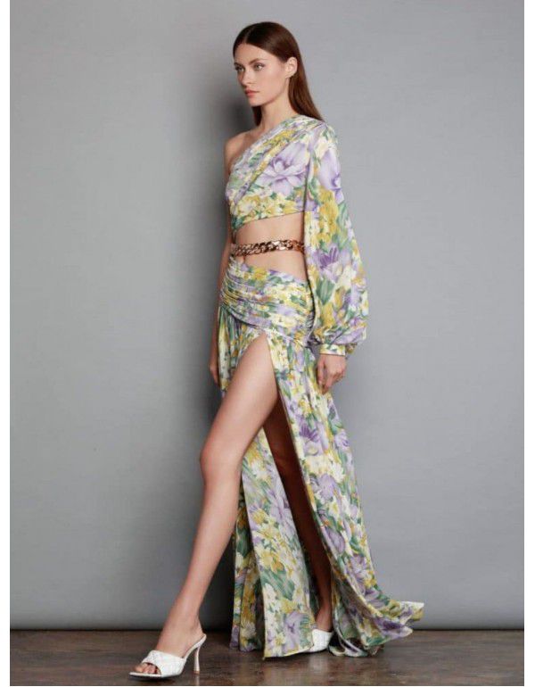 Summer New European and American Women's Sexy Oblique Shoulder Long Sleeve Fragmented Flower Dress Long Dress High End Large Swing Fragmented Flower Dress