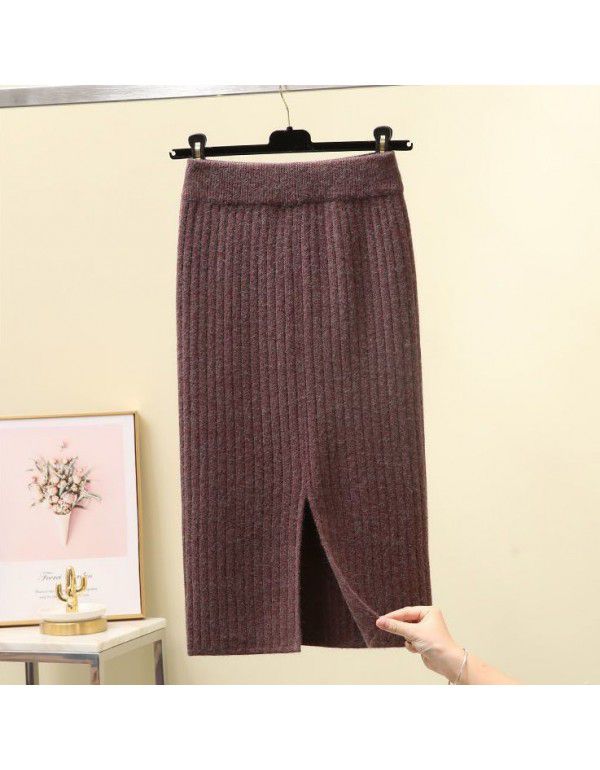 Thickened Split Knitted Halfskirt Wrapped Hip One Step Dress Women's Mid Length Autumn Winter New Long Dress Woolen Skirt 