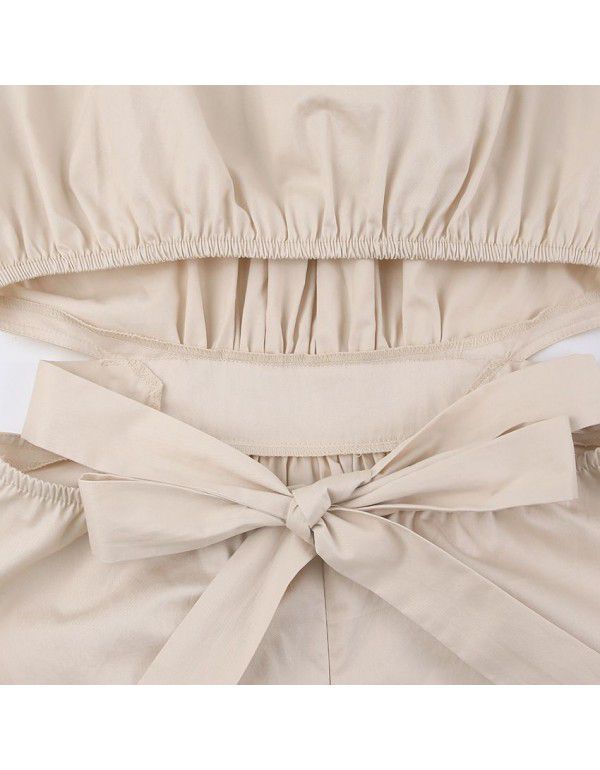 Summer New Lace Cut Out Design Short Sleeve Bubble Sleeve Round Neck Pleated Women's Long Dress Summer