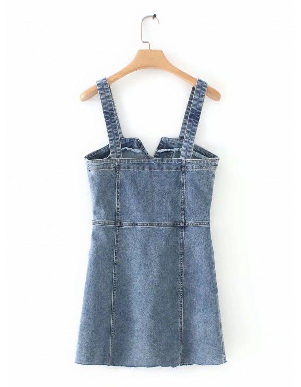 Spring/Summer Wrapped Chest Diagonal Button Denim Skirt Slim Fit Slim Slim Slim Slim Strap Dress Trendy Denim Skirt