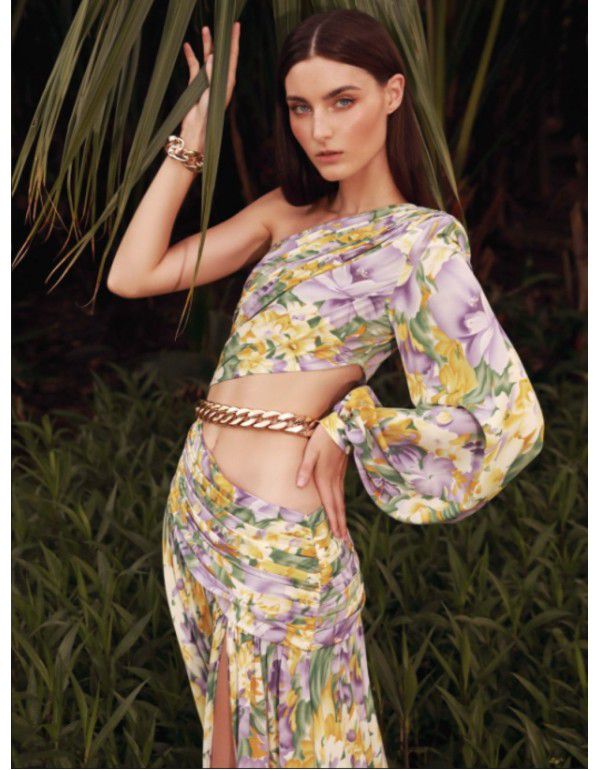 Summer New European and American Women's Sexy Oblique Shoulder Long Sleeve Fragmented Flower Dress Long Dress High End Large Swing Fragmented Flower Dress